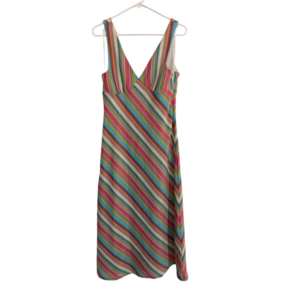 Multi Color Striped V-Neck Midi Dress Sleeveless Knit Pink Blue Medium